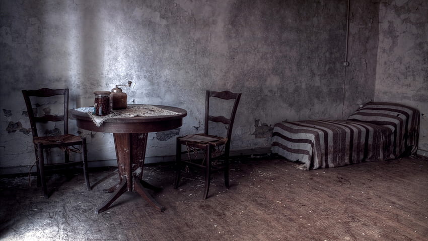 dirty sparse room r, chairs, dirty, table, gray, bed, room, r HD wallpaper