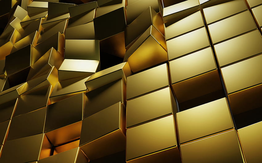 cubos 3d de ouro, fundo de cubos 3d, ouro, fundo 3d de ouro, fundo com cubos 3d de ouro, fundo de cubos papel de parede HD