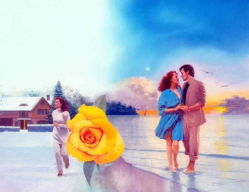 ★Beach in Love★, beloved valentines, beaches, colors, scenery, trees, couple, places, sweet, walking, attractions in dreams, weird things people wear, paintings, lovers, beautiful, people, creative pre-made, summer, love four seasons, yellow rose, landscapes, love, nature, romantic, flowers HD wallpaper