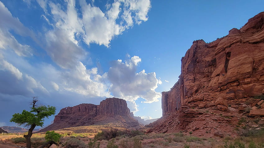 Potash Road, Moab, Utah, clouds, landscape, sky, rocks, mountains, usa HD wallpaper