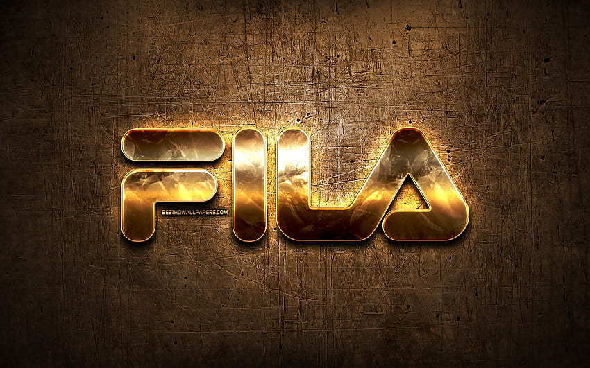 Złote logo Fila, marki sportowe, grafika, brązowe metalowe tło, kreatywne, logo Fila, marki, Fila dla z rozdzielczością. Wysoka jakość Tapeta HD