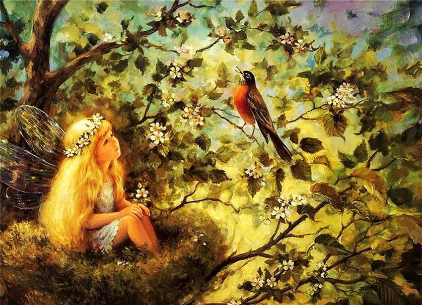 Fairy in Nest, ilustraciones, alas, pájaro, árboles, niña, nido fondo de pantalla