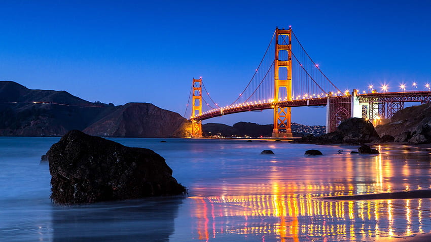 Мостът Golden Gate, отражение, водно тяло, нощни светлини, синьо небе, ясно небе, пейзаж, свят HD тапет