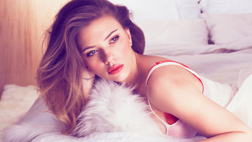 Actress Model Scarlett Johansson Is Down Lying On Bed Wearing White Dress Girls HD wallpaper