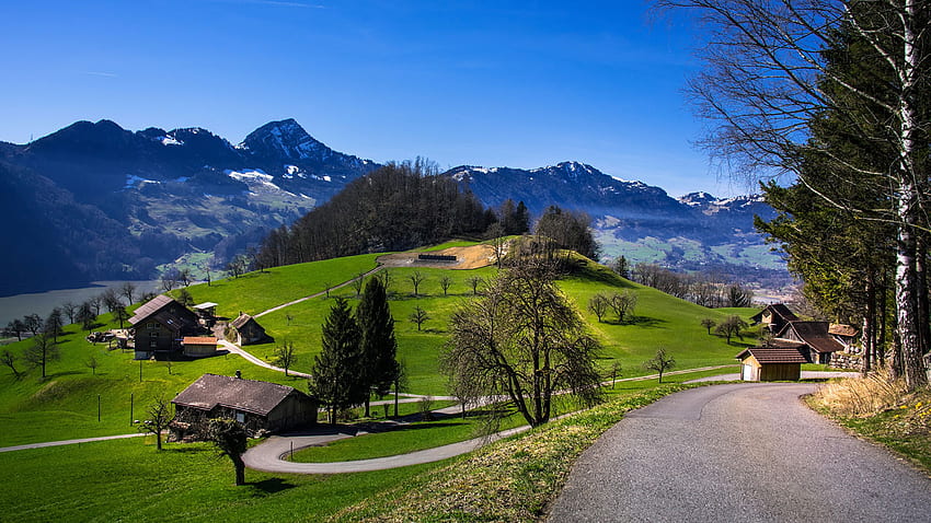 Suíça Schwyz Natureza Montanhas Estradas papel de parede HD