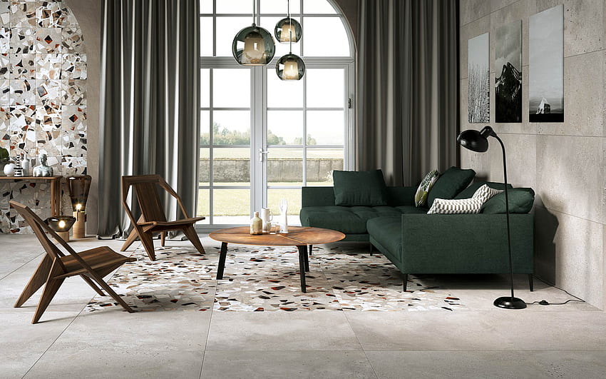 stylish living room design, modern interior, loft style, mosaic on the walls, living room, gray concrete walls, loft style living room, idea for a living room HD wallpaper