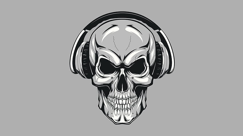 Skulls Headphones Gray background, Skull with Heads HD wallpaper