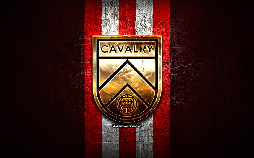 Cavalry FC, złote logo, Canadian Premier League, czerwone metalowe tło, piłka nożna, kanadyjski klub piłkarski, logo Cavalry FC, piłka nożna, FC Cavalry Tapeta HD