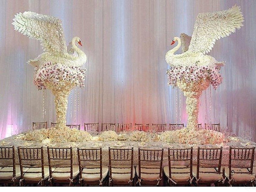 Table decoration, chairs, two white swans, tablecloth, decorations, ornament, flowers HD wallpaper