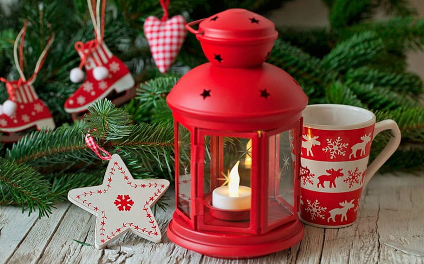 Boże Narodzenie Latarnia, Boże Narodzenie, czerwony, wystrój, latarnia, kubek Tapeta HD