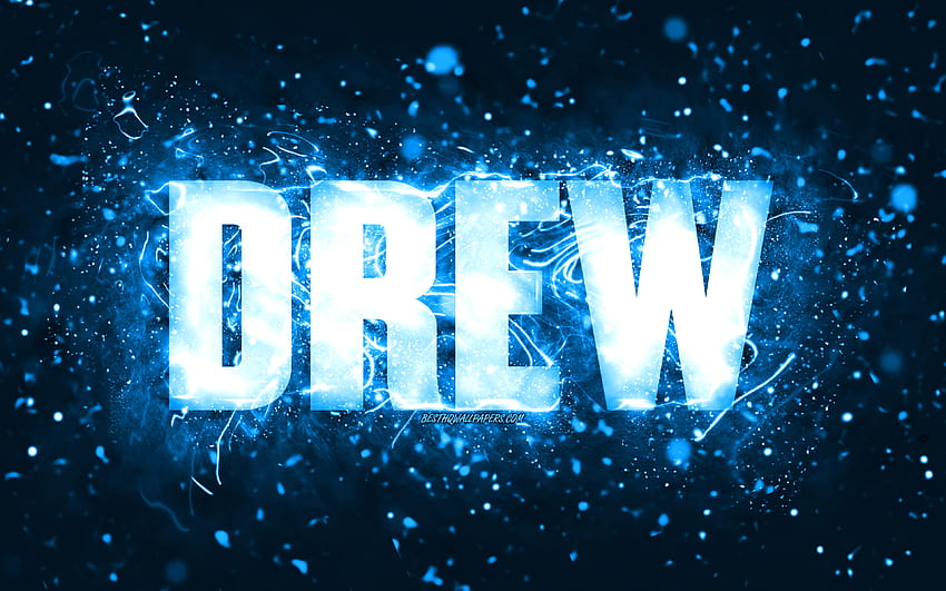Happy Birtay Drew, luces de neón azules, nombre Drew, creativo, Drew Happy Birtay, Drew Birtay, nombres masculinos estadounidenses populares, con nombre Drew, Drew fondo de pantalla