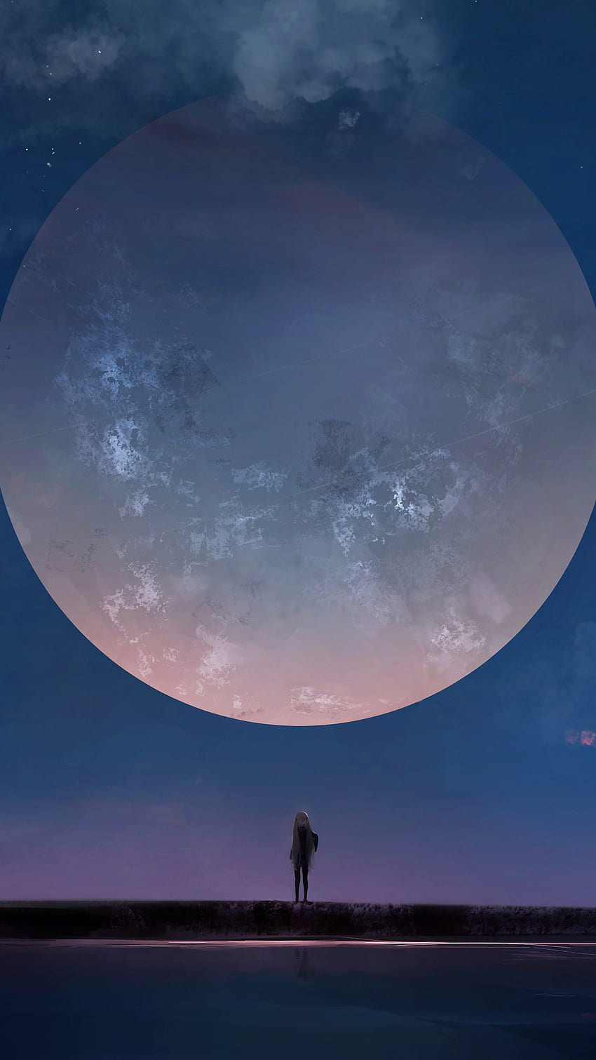 Huge Moon Anime Kız Gece Gökyüzü Yıldızlar iPhone 7, 6s, 6 Plus, Pixel xl , One Plus 3, 3t, 5 , , Arka Plan ve HD telefon duvar kağıdı