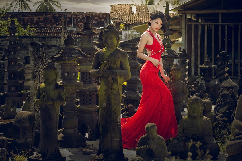 Красота, модел, азиатски, червен, момиче, рокля, жена HD тапет