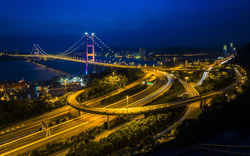Hong Kong China Bridges Roads Night HD wallpaper