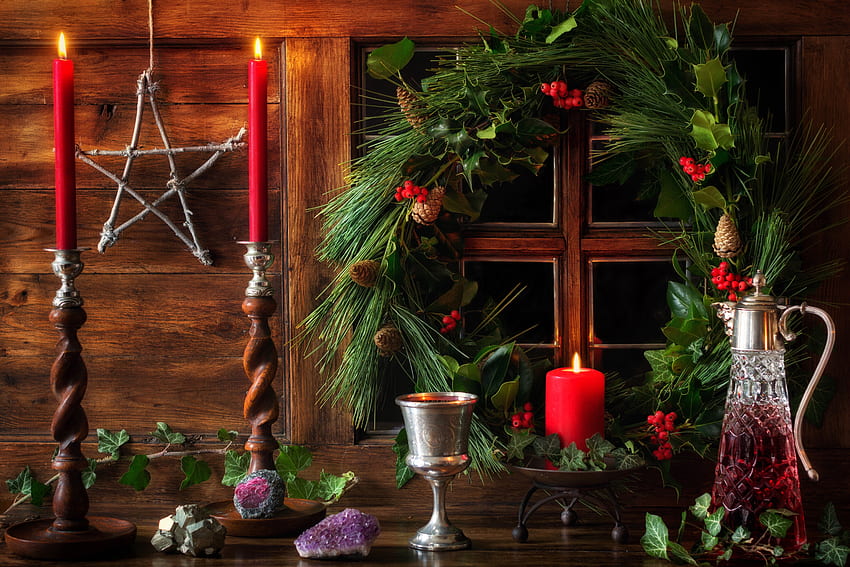 Natal, dekorasi, Yule, lilin, Karangan Bunga Wallpaper HD