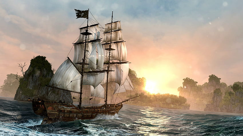 Pirate Ship at Sunset (Art Work) เรือโจรสลัด น้ำ พระอาทิตย์ตก วอลล์เปเปอร์ HD