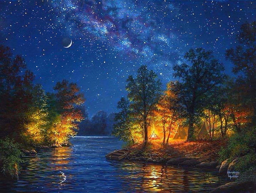 Evening Melodies, attractions in dreams, paradise, paintings, summer, love four seasons, lakes, trees, nature, sky, campfire, milky way, moons HD wallpaper