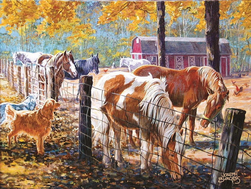 cavalos, cachorro, obras de arte, celeiro, pintura, cerca, árvores, outono, rancho papel de parede HD