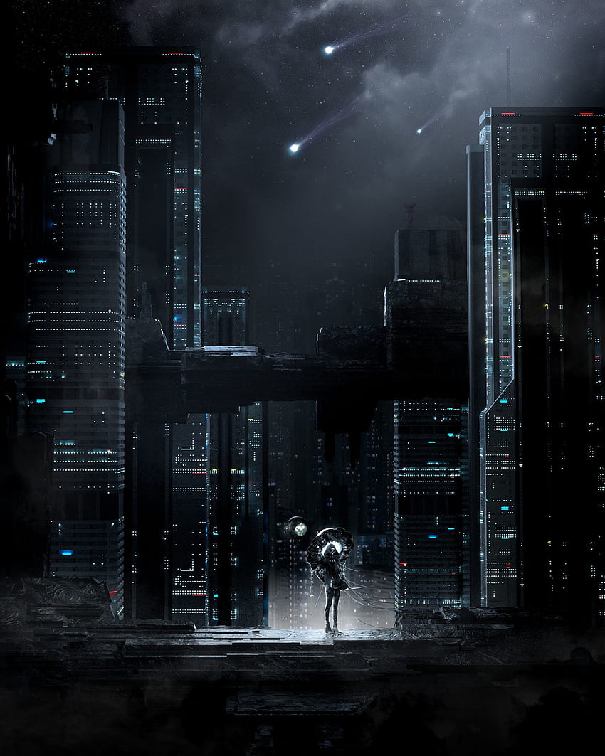 Night, City, Building, Dark, Silhouette, Futurism HD phone wallpaper