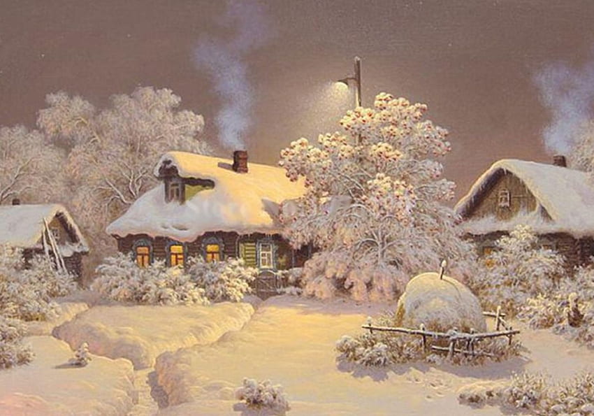 Inverno no campo, obras de arte, pintura, casas, neve, árvores papel de parede HD