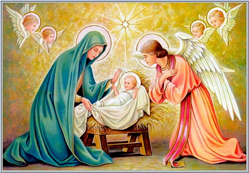 生まれたばかりのイエス、神、赤ちゃん、イエス、キリスト、天使、宗教 高画質の壁紙