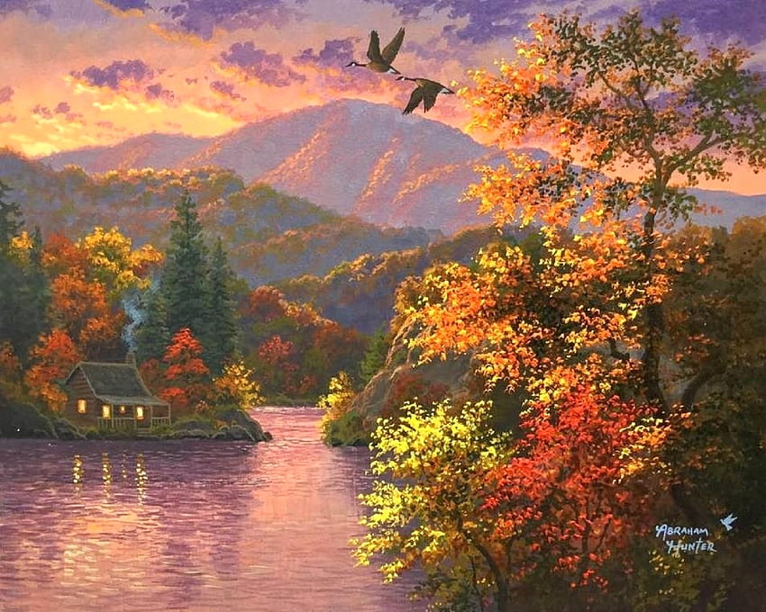 Happy Place, atraksi dalam mimpi, warna, lukisan, cinta empat musim, kabin, pohon, musim gugur, alam, gunung, musim gugur, sungai Wallpaper HD