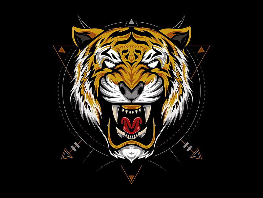La ilustración de la cabeza del tigre en el negro. Ilustración de tigre, diseño de negro, arte de tigre, cabeza de tigre rugiente fondo de pantalla