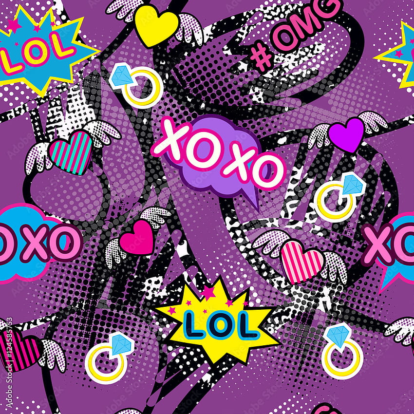 Abstract seamless pattern for girl and boy. Creative colorful with Pop art comics speech bubbles, clouds, words. Grunge urban background for textile, fashion, sport clothes.Pink, purple, neon Stock Vector. Adobe Stock, Fashion Pop Art HD phone wallpaper