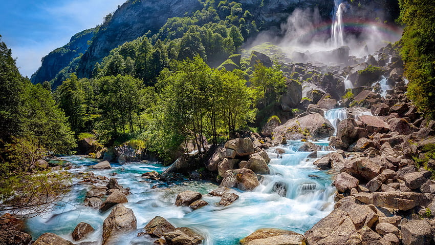 River, trees, waterfall, nature, water, rocks, mountain HD wallpaper