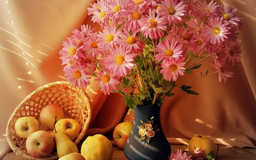 PINK DAISY AND PEARS, STILL, PEARS, DAISY, PINK HD wallpaper