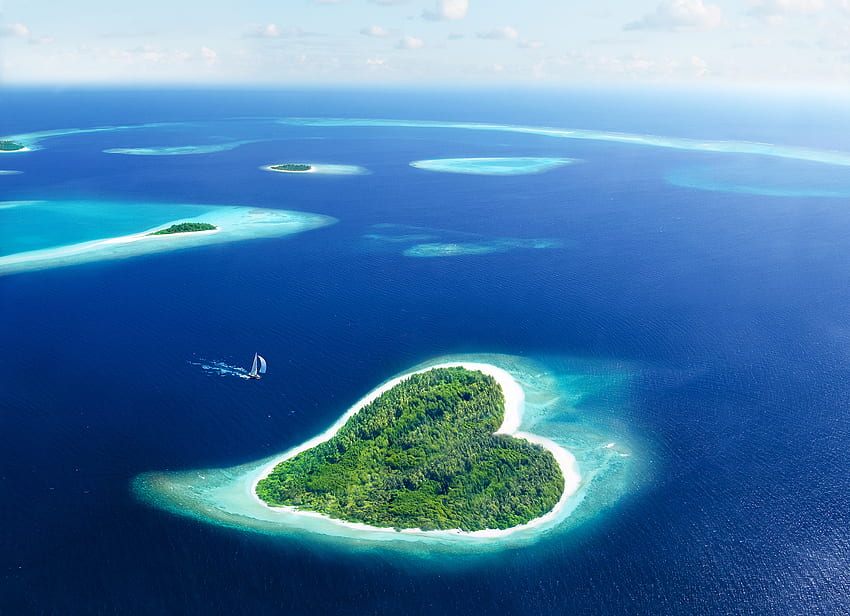 Maldives, mer, soleil, caraïbes, cœur, océan, voyage Fond d'écran HD