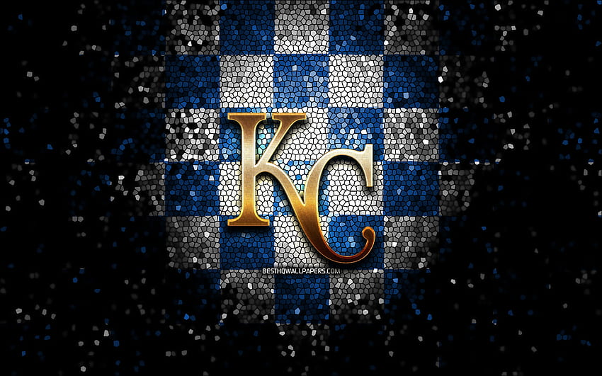 カンザスシティ ロイヤルズのエンブレム、キラキラのロゴ、MLB、青白の市松模様の背景、アメリカの野球チーム、メジャー リーグ ベースボール、KC ロイヤルズ、モザイク アート、野球、カンザスシティ ロイヤルズ 高画質の壁紙