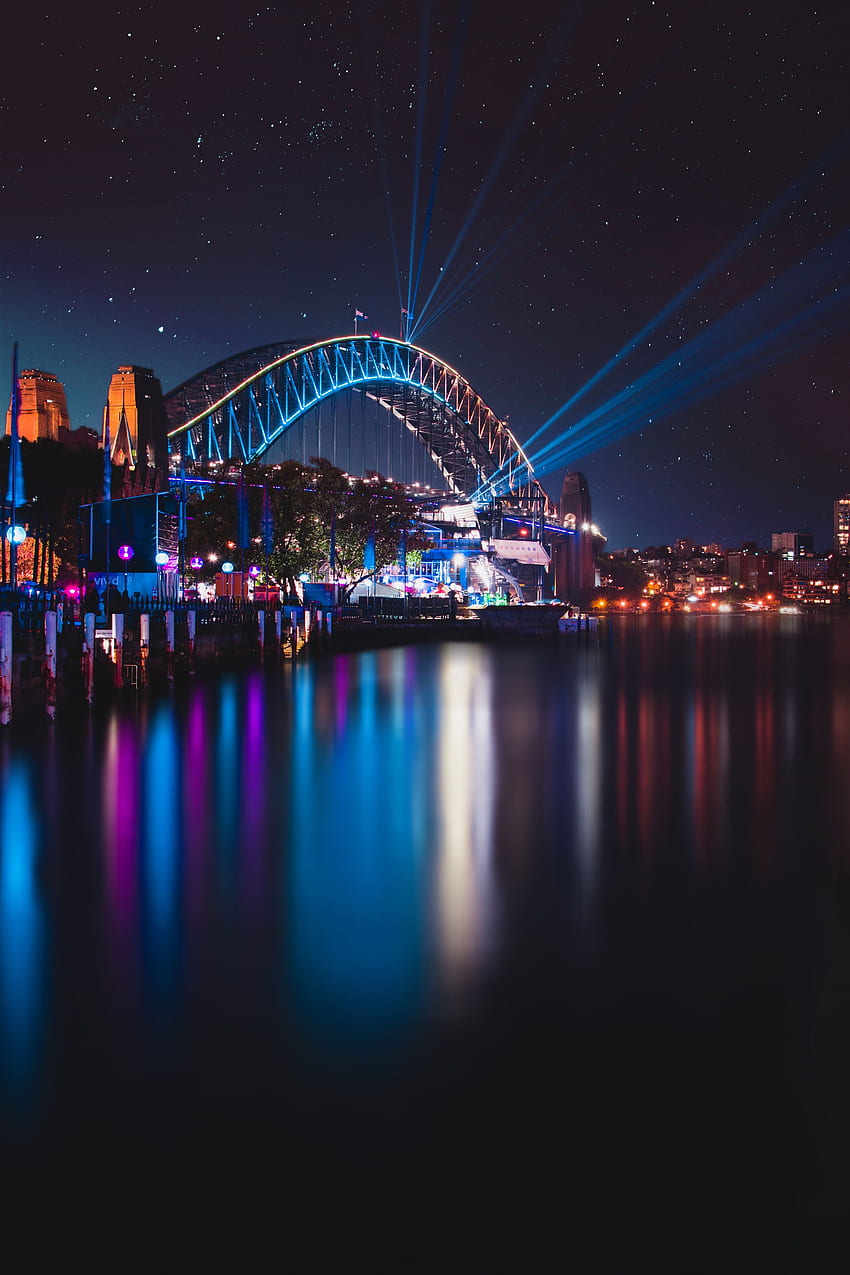 Città, Sydney, Città notturno, Luci della città, Ponte, Australia, Harbour Bridge, Harbour Bridge Sfondo del telefono HD