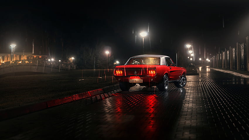 포드 머스탱 1967 레인 스트리트 밤 포장 도로 자동차, 자동차 밤 비 HD 월페이퍼