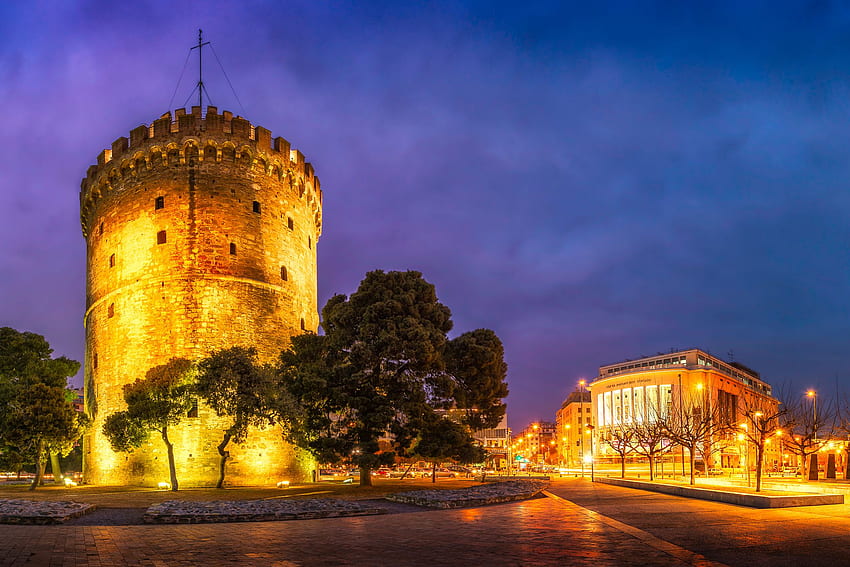 Greece towers Thessaloniki Evening Street lights HD wallpaper