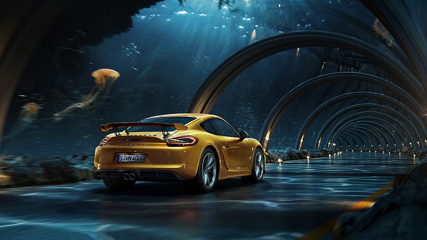 Porsche, yellow, digital graphy, tunnel HD wallpaper