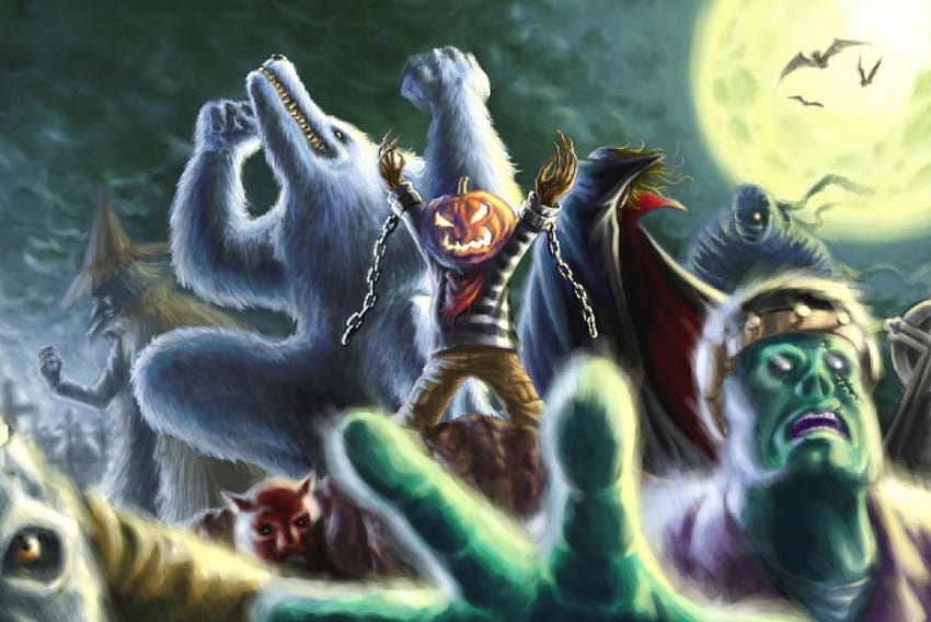 Nightmares Escape, pumpkinman, werewolf, monsters, bats, witch HD wallpaper