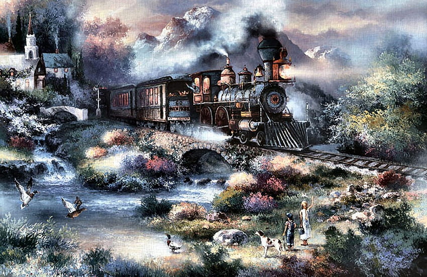 Spring Creek Express F1, малко момиче, деца, изкуство, двигател, влак, експрес, произведение на изкуството, широк екран, , релси, локомотив, железопътна линия HD тапет