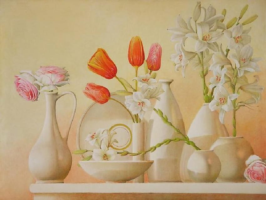 Still Life Pittura, tavolo, piatto, pittura, vasi, fiori, ciotola Sfondo HD