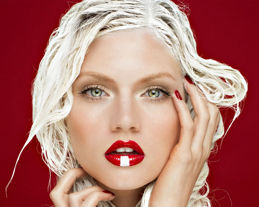 Martina Dimitrova, modelka, blondynka, czerwona, twarz, usta, dziewczyna, kobieta Tapeta HD