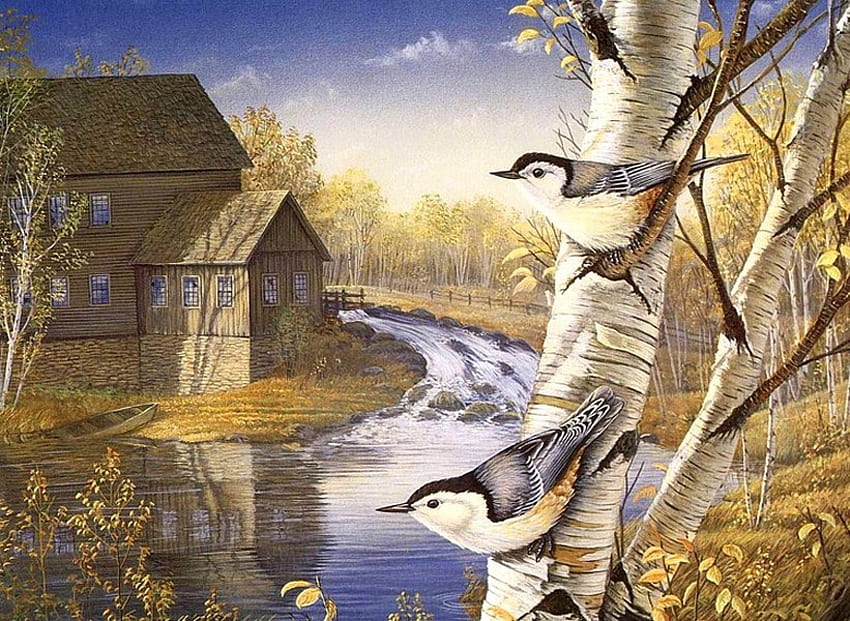 Pintura de pájaros, río, pájaro, arte, pintura. fondo de pantalla