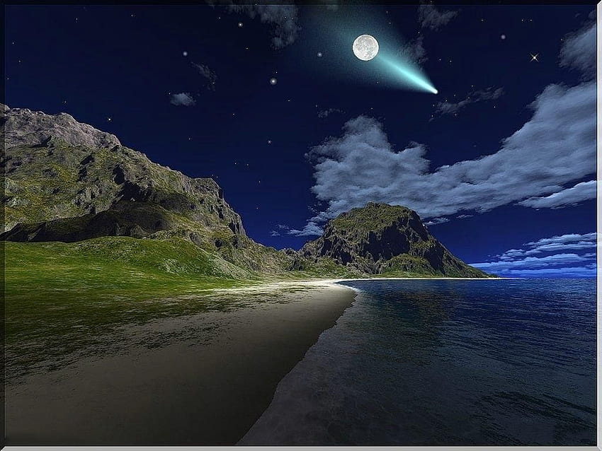 Himmel: MONDLICHT KOMET Sterne Wolken Himmel Mond Nacht Strand Voll HD-Hintergrundbild