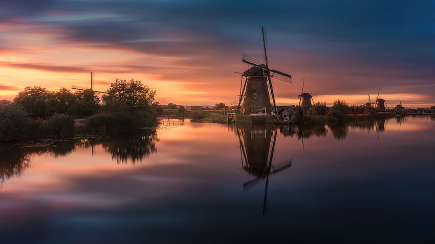 พระอาทิตย์ตกเหนือเนเธอร์แลนด์ กังหันลม น้ำ พระอาทิตย์ตก เนเธอร์แลนด์ วอลล์เปเปอร์ HD