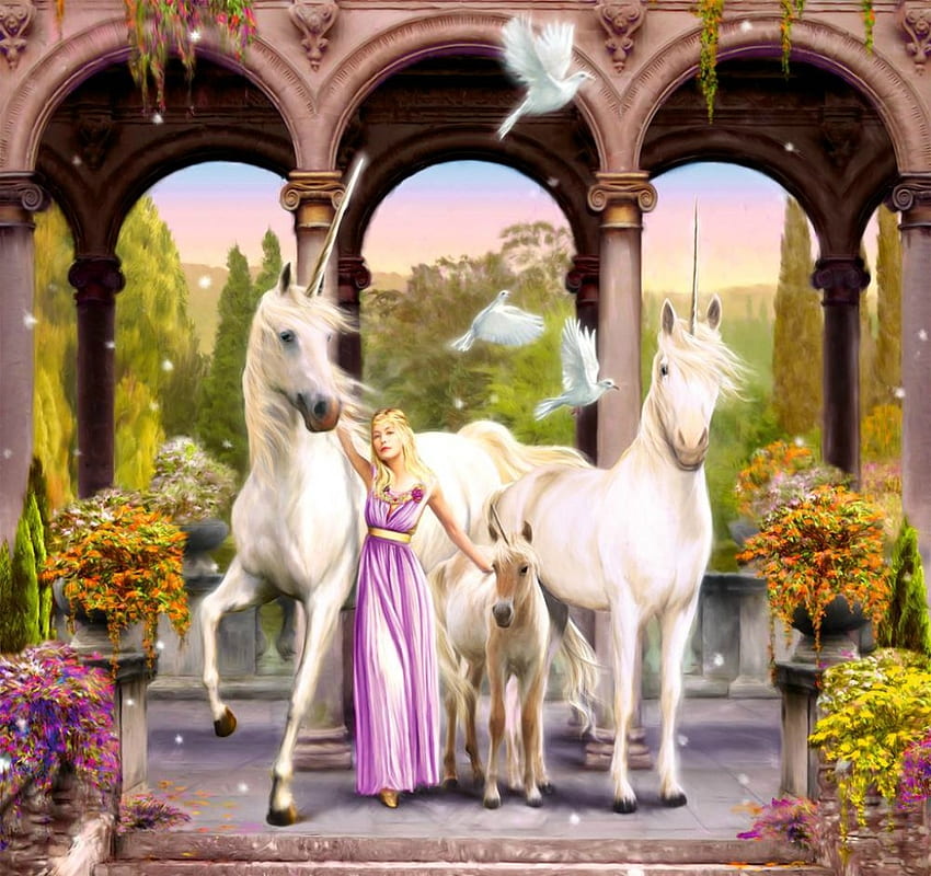 The princess and the unicorns, pink, horse, white, fantasy, unicorn, girl, princess HD wallpaper