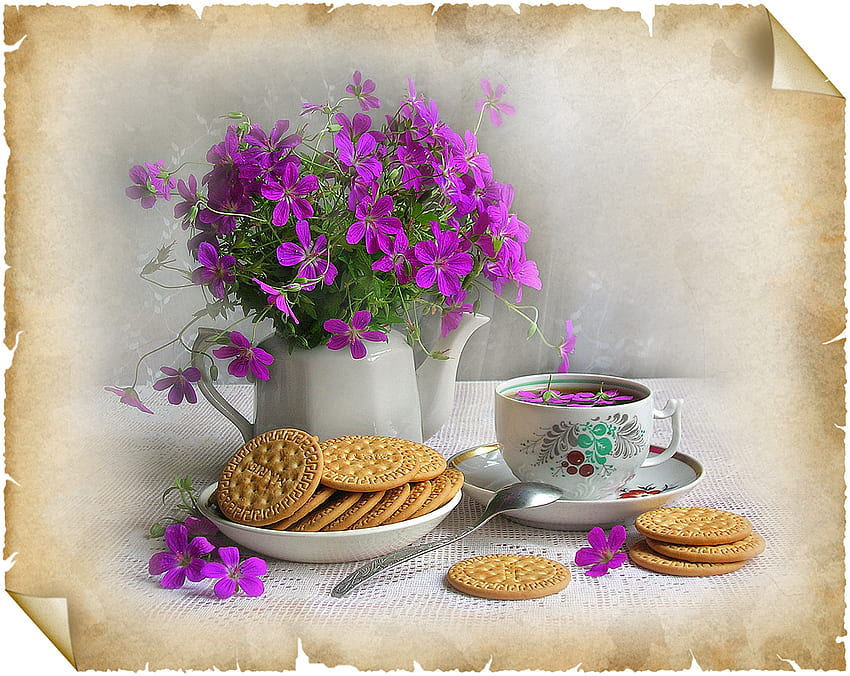 still life, graphy, tea, kettle, beautiful, cup, purple, biscuits, flowers, flower bouquet, harmony HD wallpaper