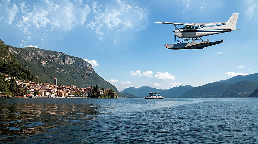 Airplane Italy Seaplane Varenna Nature Mountains Sky Bay HD wallpaper
