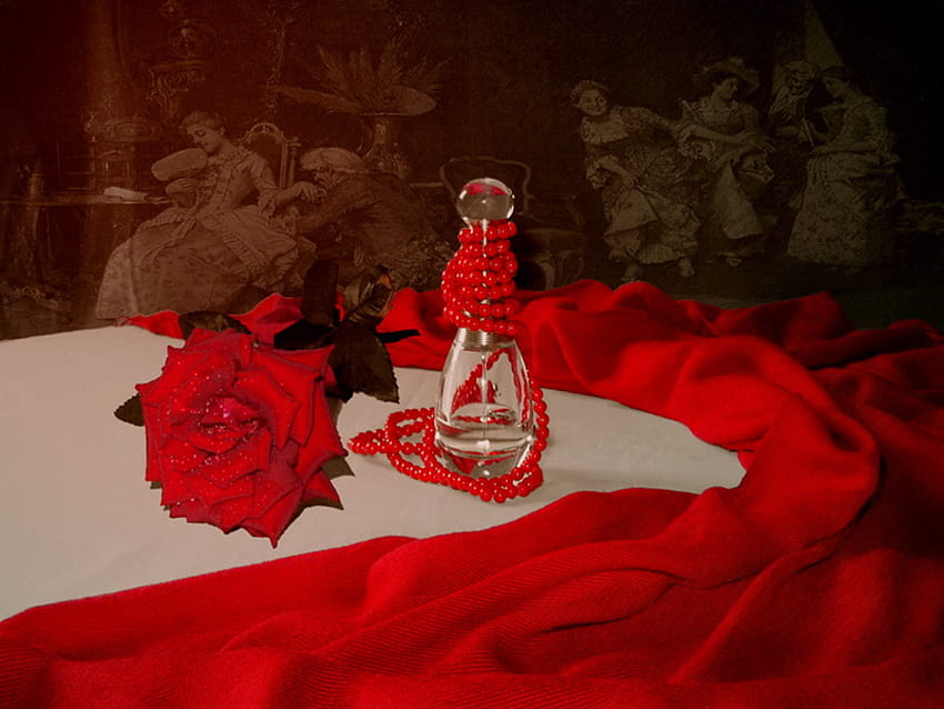 Rose und Parfüm, Rose, hübsch, Geruch, rot, Perlen, Parfüm, schön, schön HD-Hintergrundbild