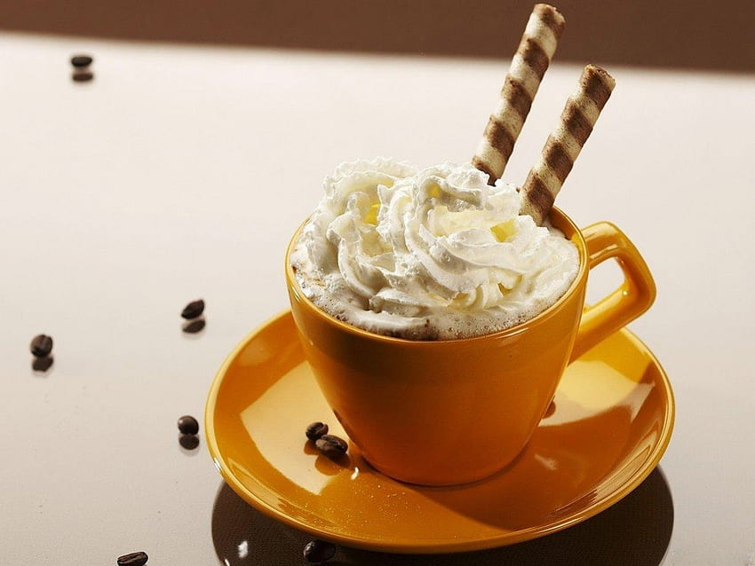 YELLOW FOR FRIENDSHIP, cups, breakfast, refreshment, chocolate, biscuit, coffee, cappuccino, cream HD wallpaper