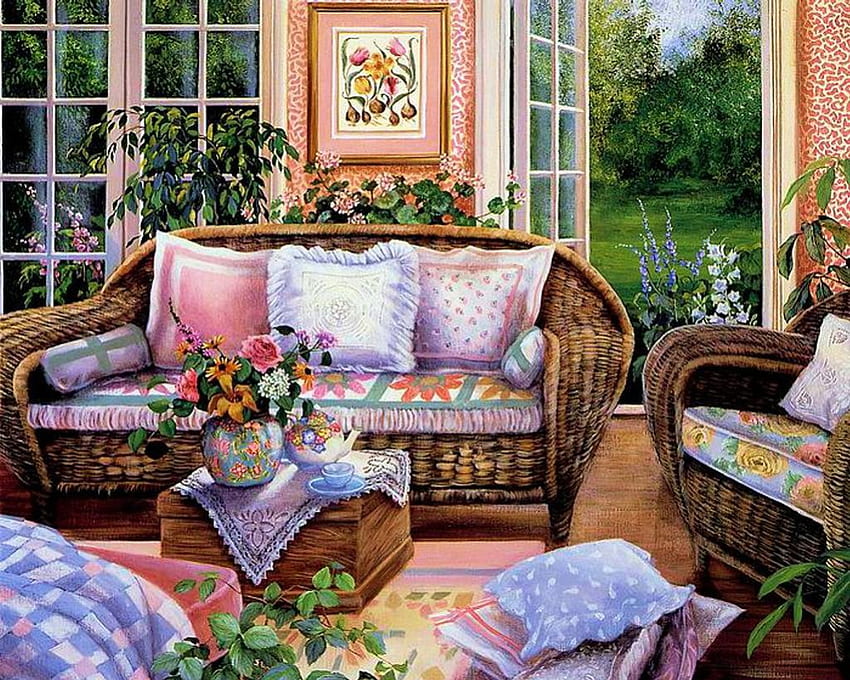 Cozy Place, artwork, table, door, sofa, room, painting, armchair, flowers HD wallpaper
