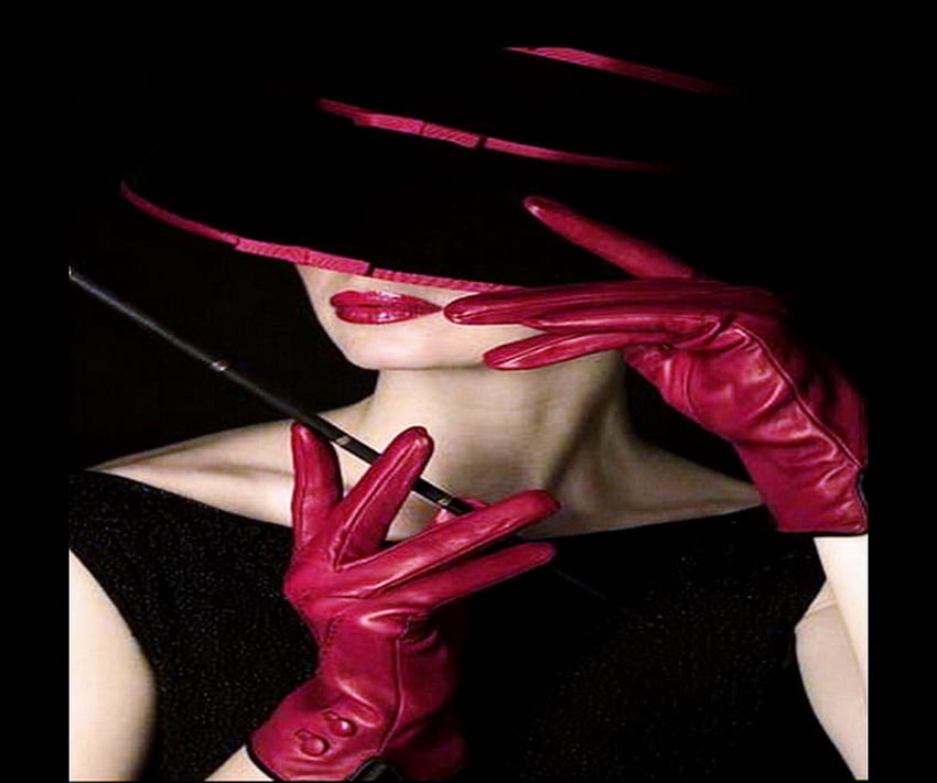 clase, labios rojos, vestido negro, guantes de cuero, negro y rojo, sombrero, mujer fondo de pantalla